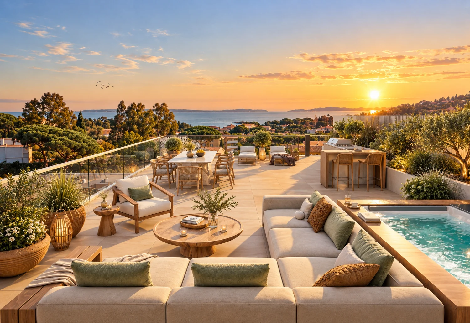 Terrasse panoramique au coucher du soleil — visualisation architecturale Concept Ark