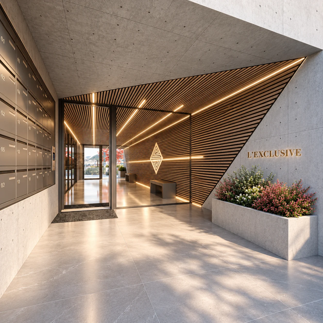 Hall en béton et bois aux lignes lumineuses — visualisation architecturale Concept Ark