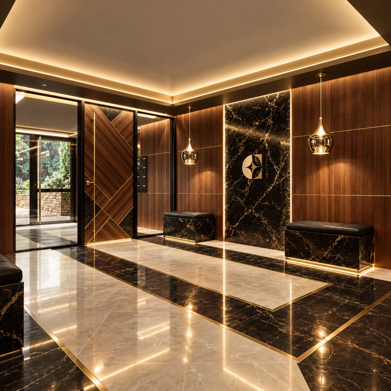 Hall aux boiseries et marbre noir — visualisation architecturale Concept Ark