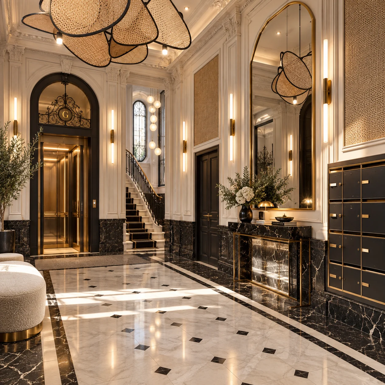 Hall classique, escalier et moulures — visualisation architecturale Concept Ark