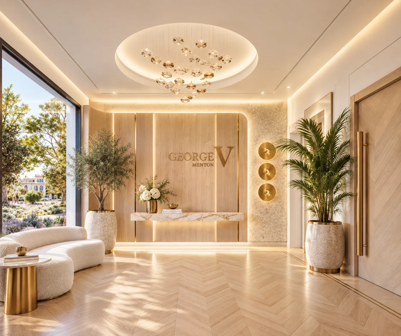 Hall lumineux, parquet et suspensions — visualisation architecturale Concept Ark