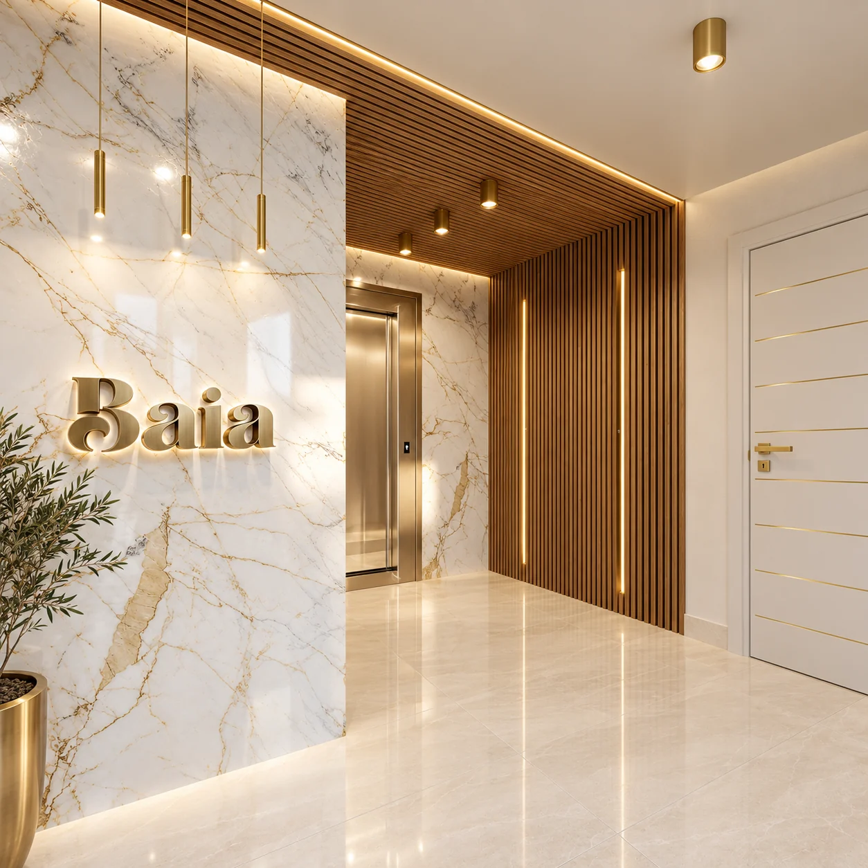 Hall en marbre clair et bois — visualisation architecturale Concept Ark
