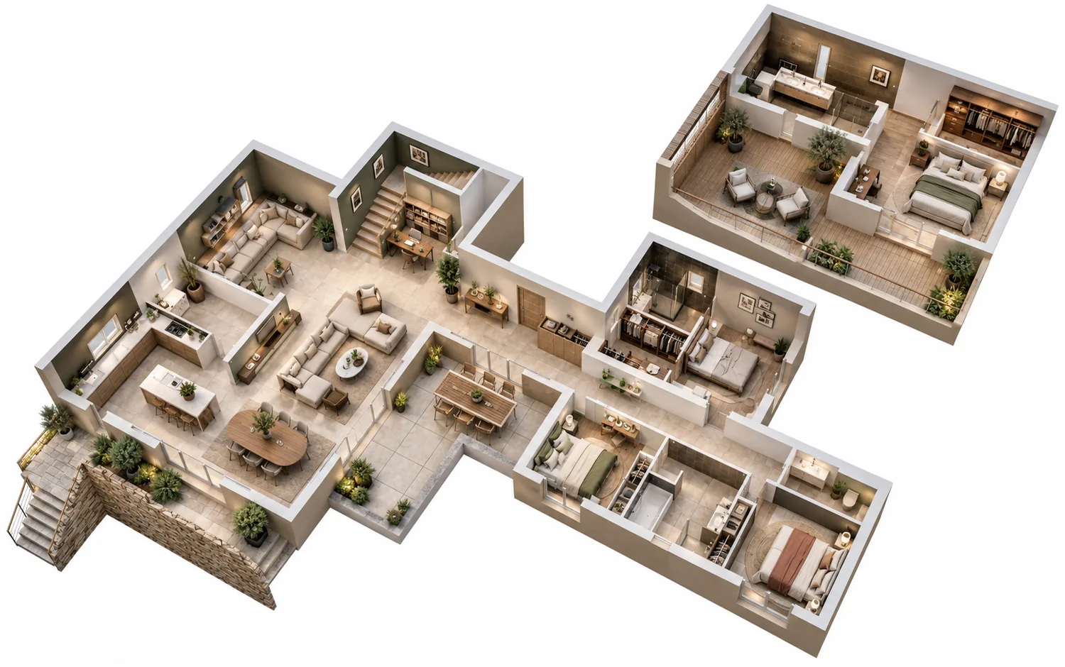 Plan coupé meublé d’un logement — visualisation architecturale Concept Ark