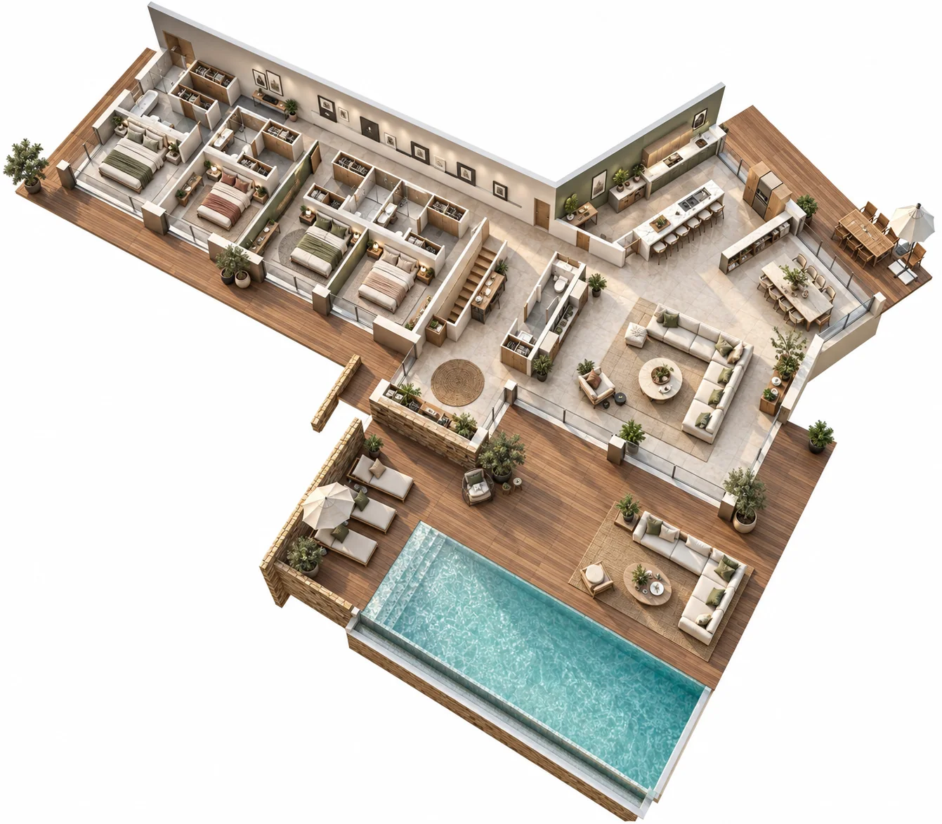 Plan coupé meublé avec terrasse — visualisation architecturale Concept Ark