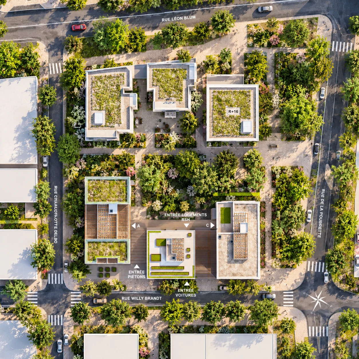 Îlot et toitures végétalisées — visualisation architecturale Concept Ark