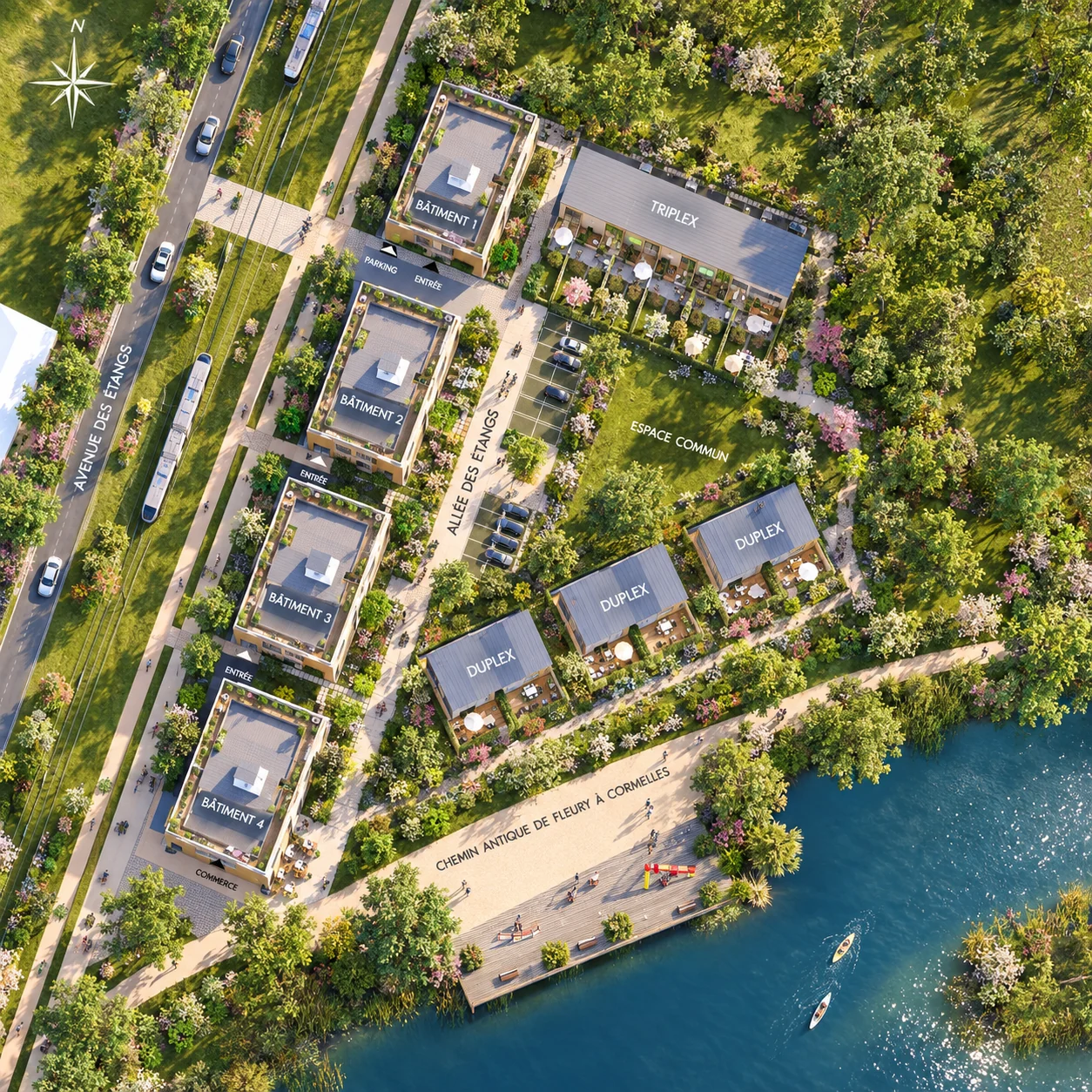 Logements, berges et promenade — visualisation architecturale Concept Ark
