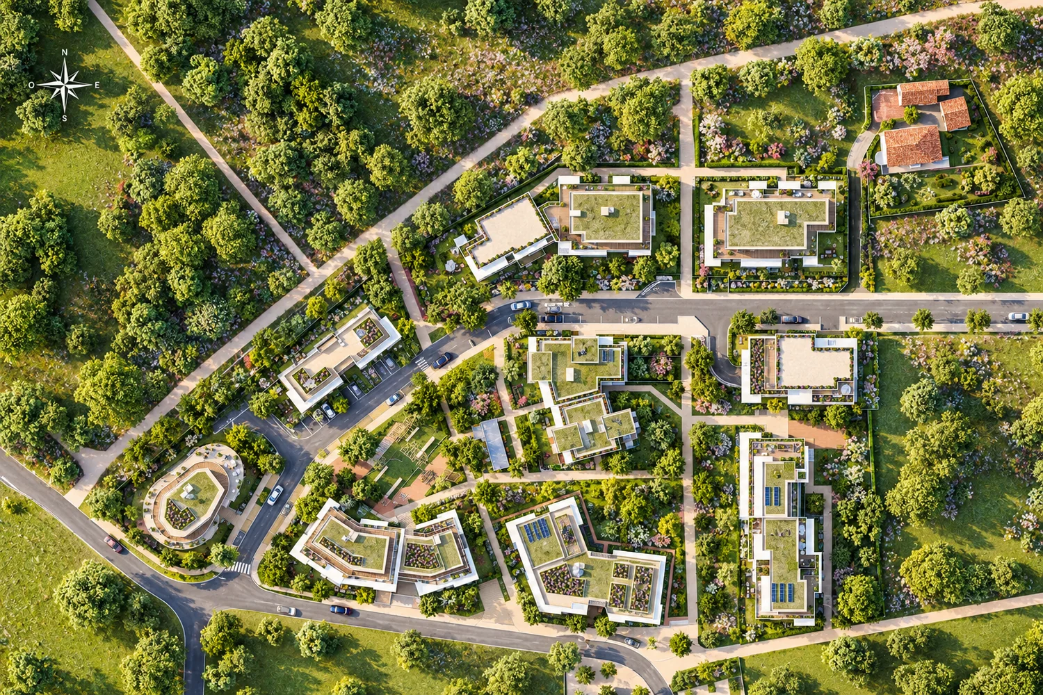 Quartier paysager et cheminements — visualisation architecturale Concept Ark