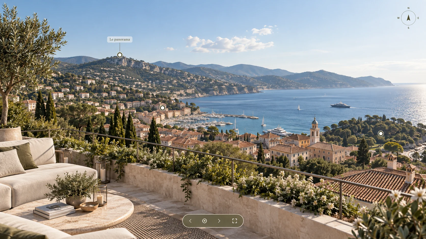 Illustration d’un panorama côtier avec des points d’intérêt et des commandes discrètes
