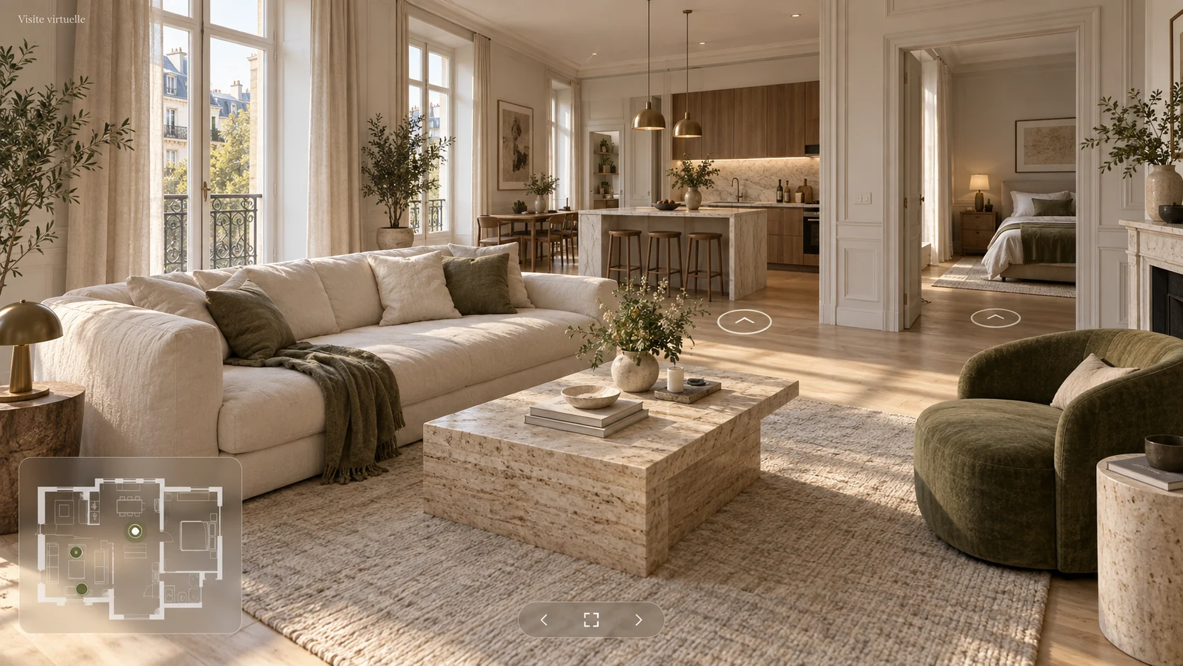 Illustration d’une visite virtuelle d’appartement avec points de passage et plan de navigation