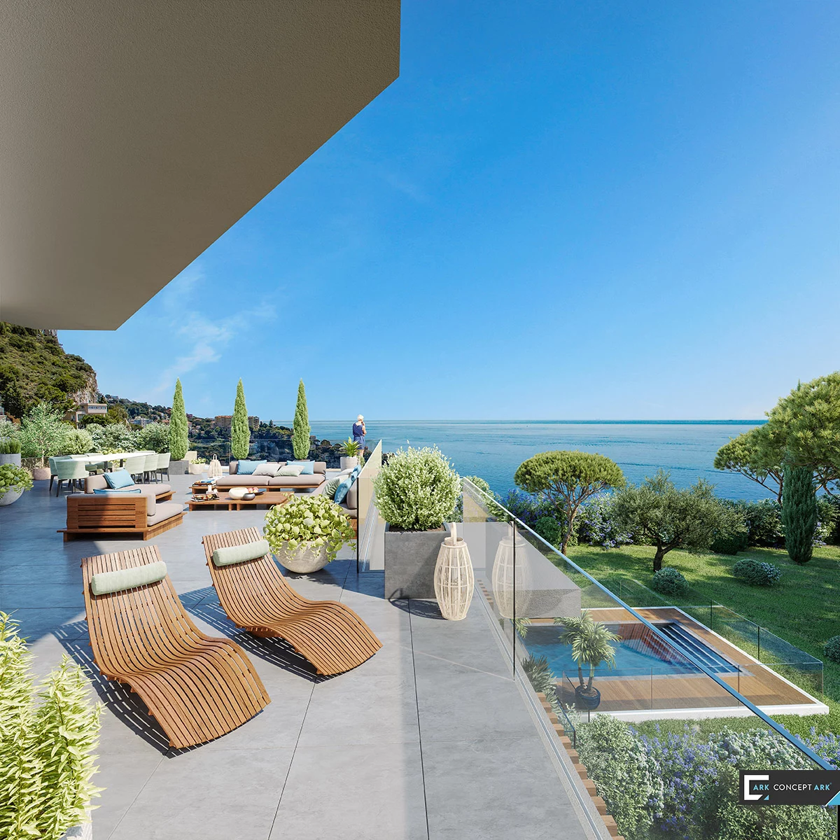 Baïa : terrasse aménagée avec transats, garde-corps vitré et vue sur la mer.