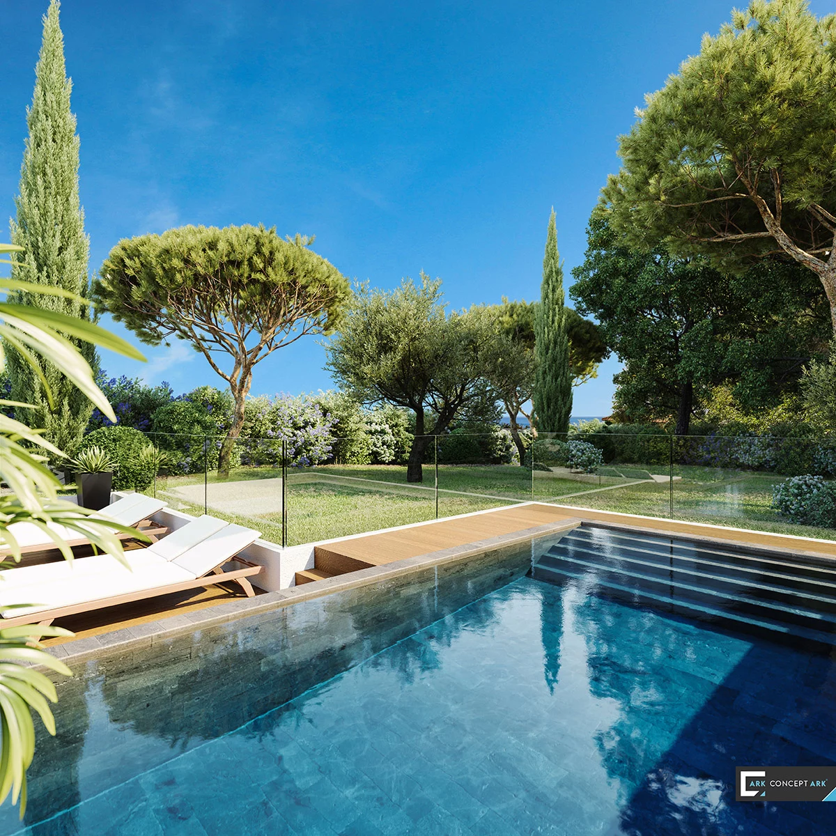 Baïa : piscine aux reflets bleus au cœur d’un jardin de pins et de cyprès.