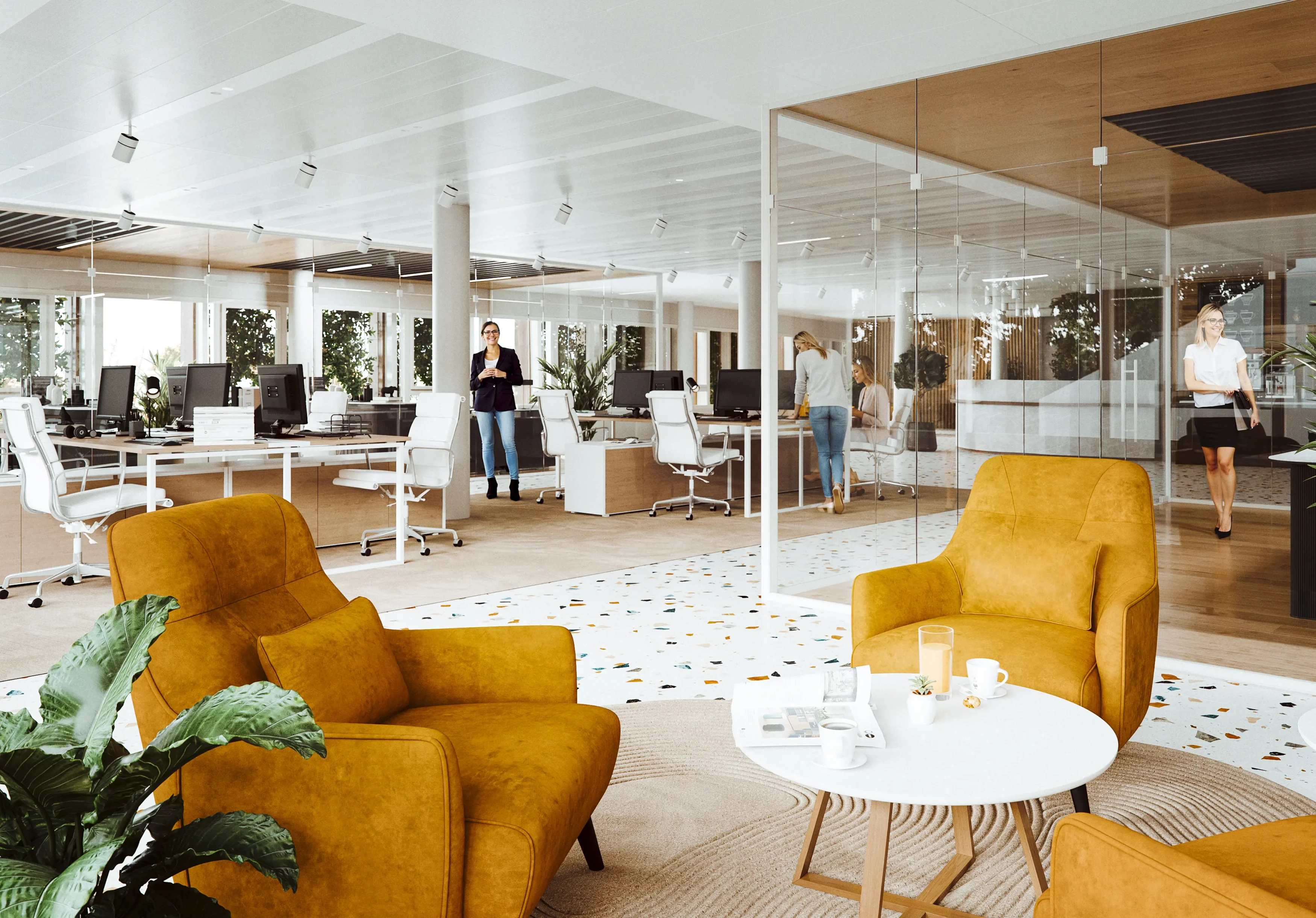 Antipode pour Promoca à Cagnes-sur-Mer : salon aux fauteuils ocre ouvert sur des bureaux vitrés.