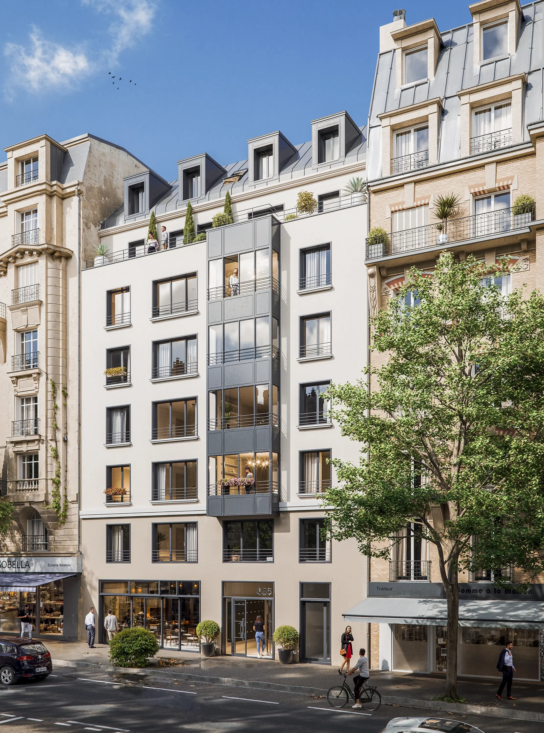 Perspective parisienne pour Perl : façade claire aux lignes verticales et arbres en bord de rue.