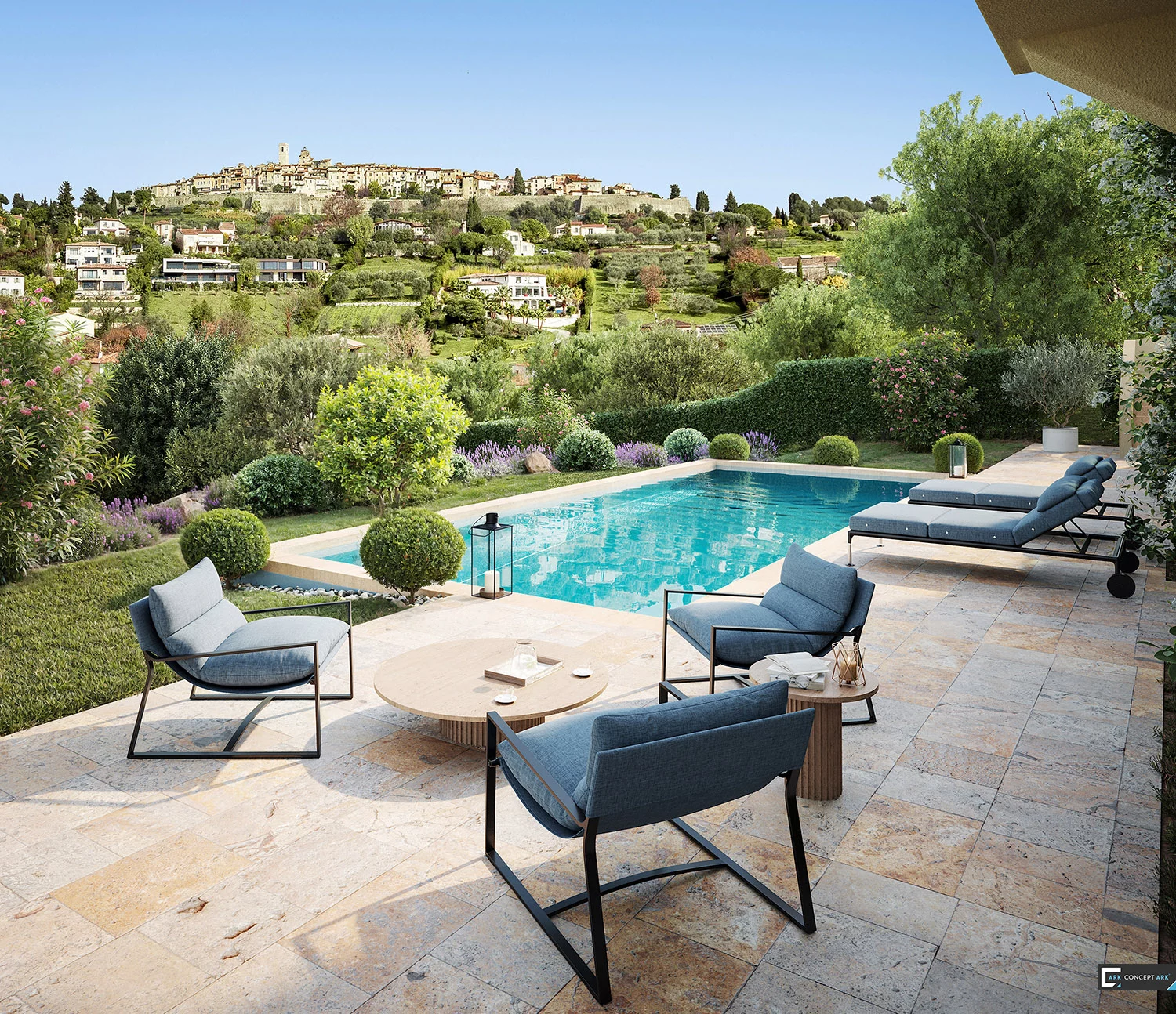 Villa Saint-Paul : terrasse autour de la piscine avec vue sur le paysage de Saint-Paul-de-Vence.