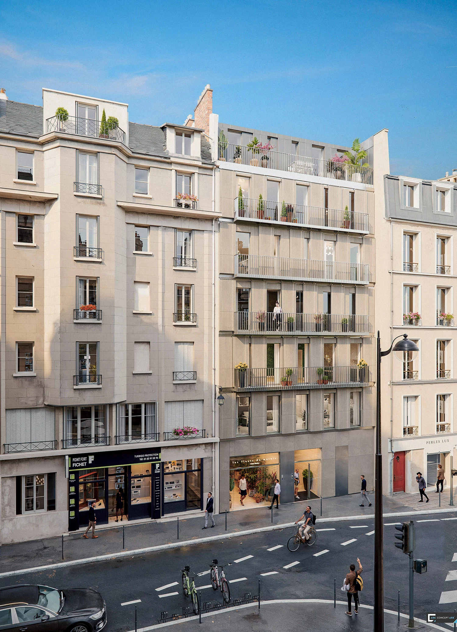 Le Patio du Temple à Paris pour Perl : façade contemporaine, balcons et terrasse végétalisée dans une rue parisienne.