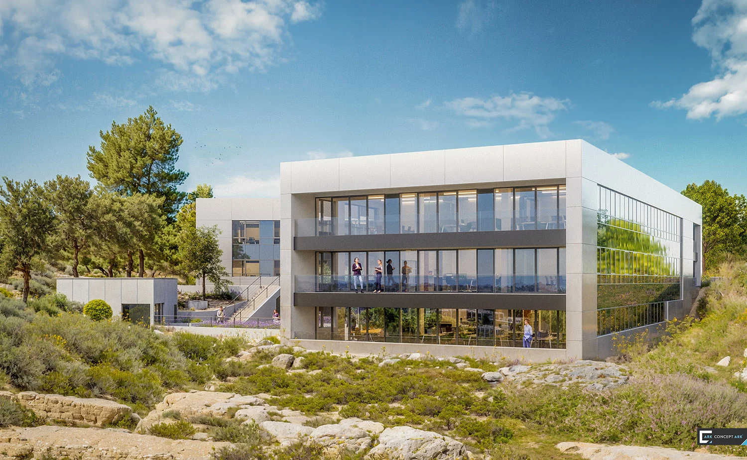 Bureaux à Valbonne pour Promoca : façades vitrées et aménagement paysager.