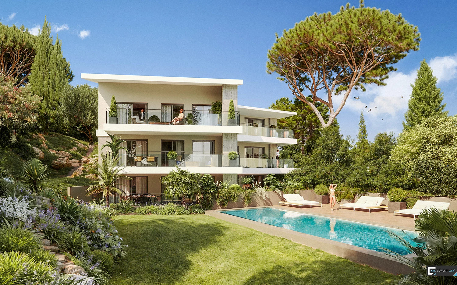 Ghika à Cannes : résidence contemporaine aux volumes blancs, jardin et piscine sous les pins.