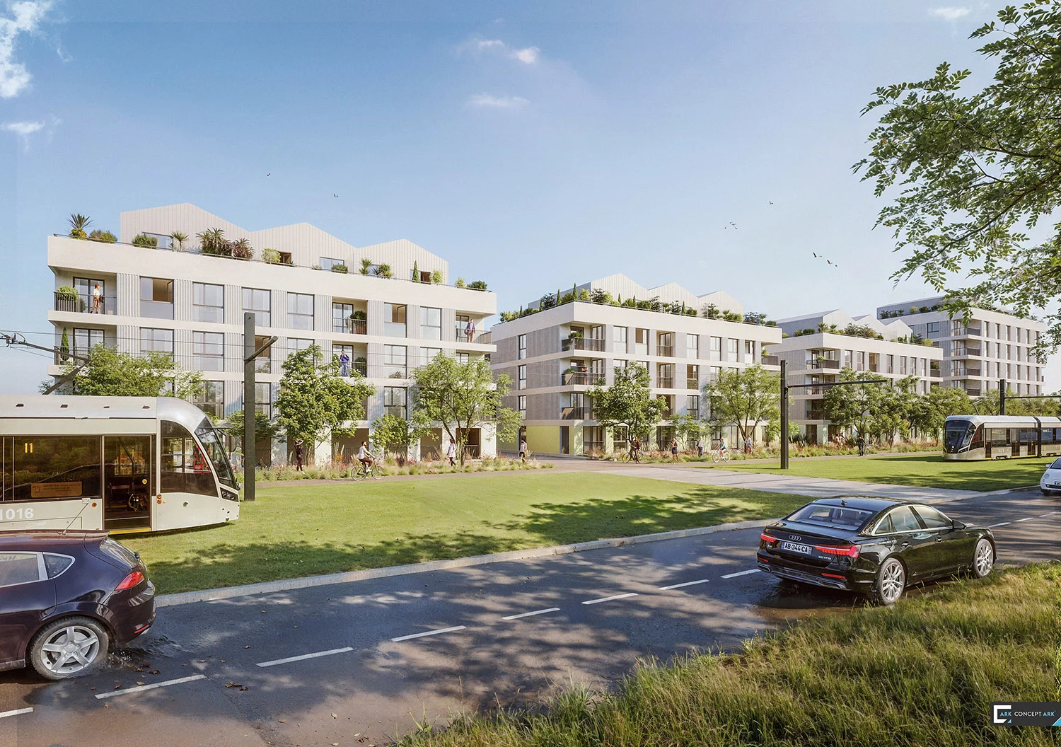 Les Terrasses de l’Étang pour Foncim : perspective du programme résidentiel depuis la rue et le tramway.