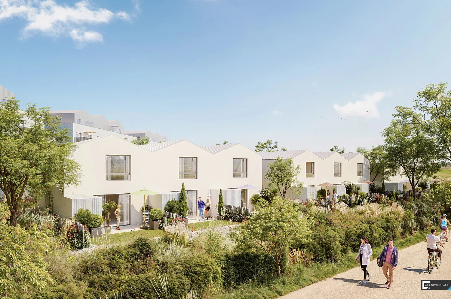 Les Terrasses de l’Étang : maisons contemporaines et cheminement bordé de jardins.