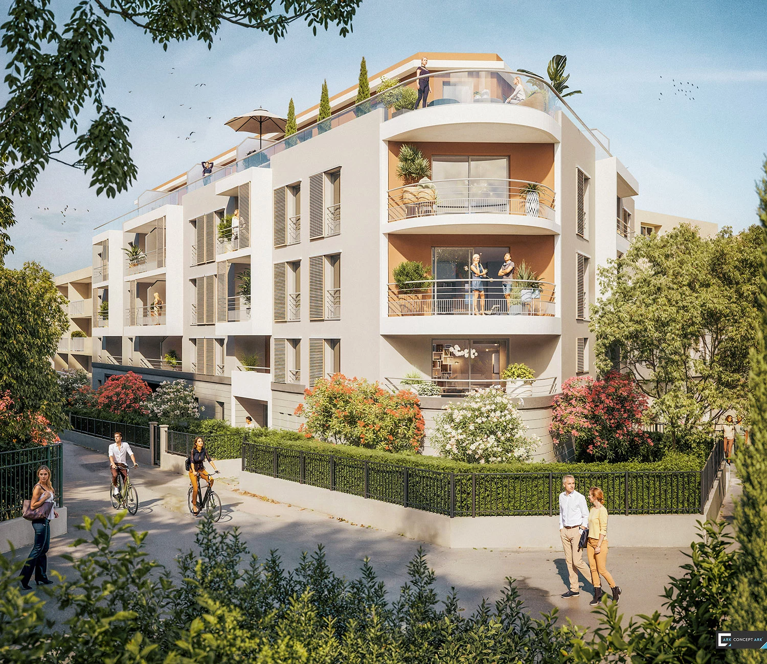 Villazur à Antibes pour Édouard Denis : résidence aux façades claires et balcons plantés.
