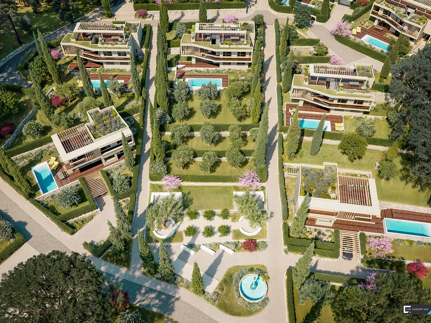 Vue aérienne d’un ensemble architectural et de ses espaces paysagers