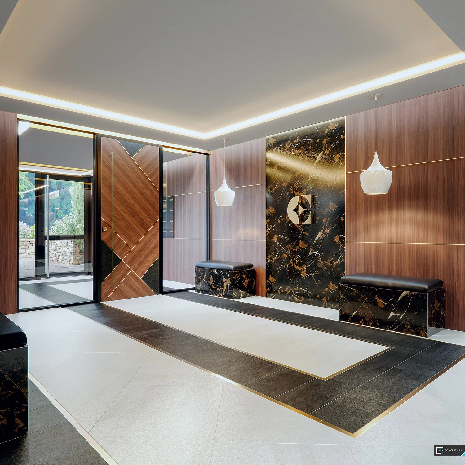 Le Domaine des Étoiles : hall d’entrée aux matières bois et pierre, avec éclairage intégré.