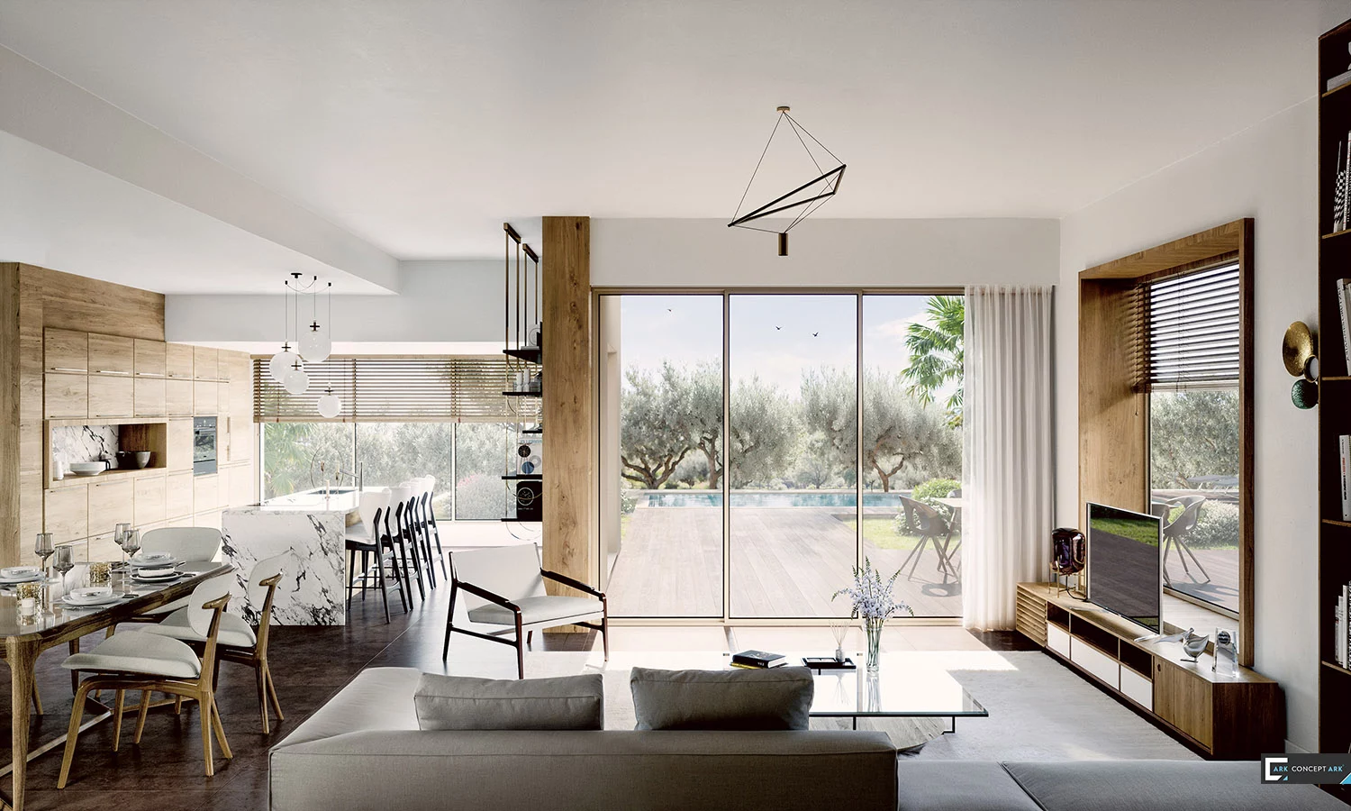 Le Domaine des Étoiles : séjour ouvert sur la terrasse, avec salon et salle à manger.