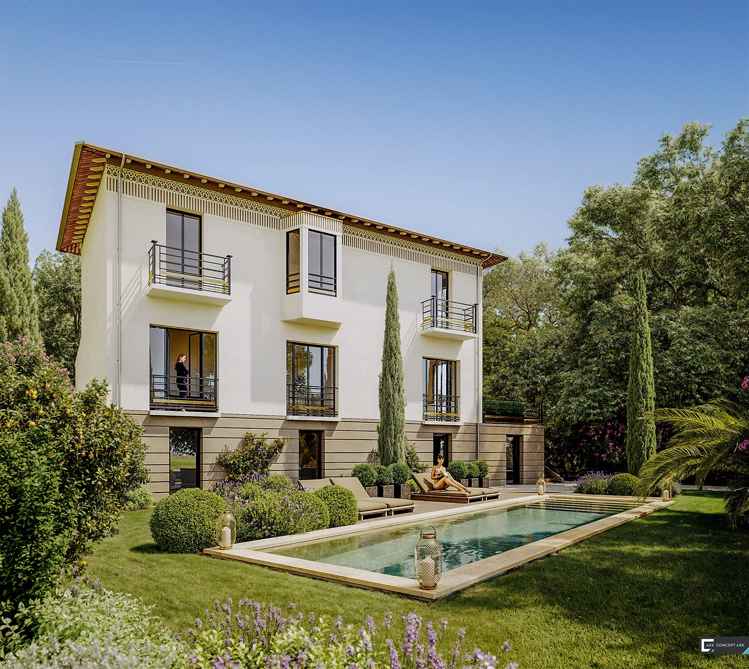 Villa Cimiez : façade claire à volets et piscine au milieu du jardin.
