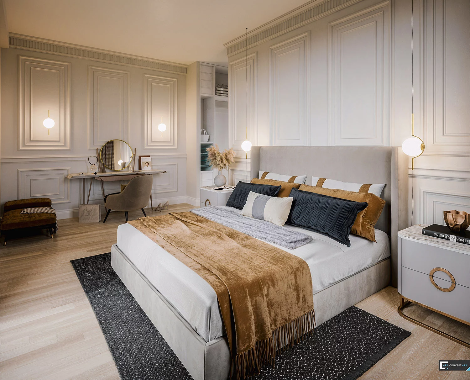 Villa Cimiez : chambre aux teintes douces, rideaux clairs et éclairage naturel.
