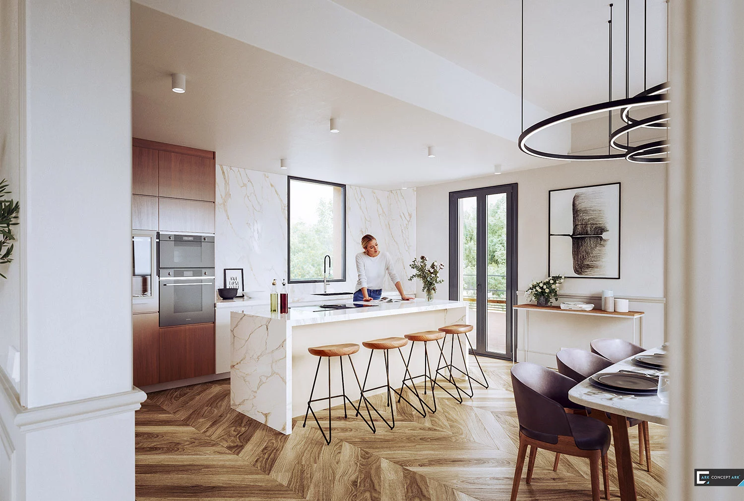 Villa Cimiez : cuisine ouverte et salle à manger baignées de lumière naturelle.