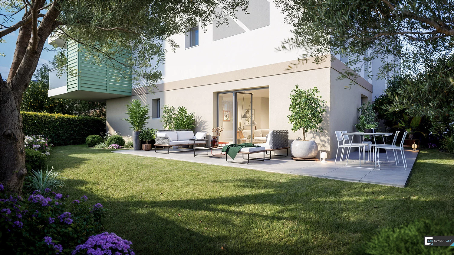 Aquarelle pour Promoca : villa claire ouverte sur une terrasse et un jardin ombragé.