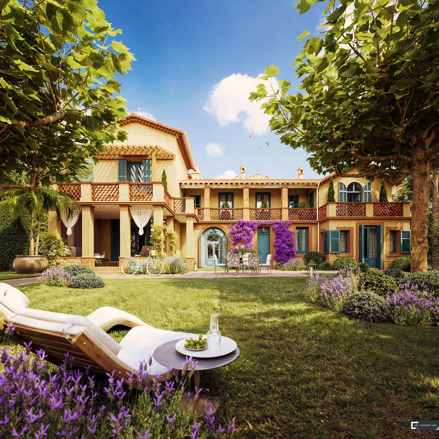 Villa Primaverina : vue d’ensemble de la demeure et du jardin encadrés par les arbres.