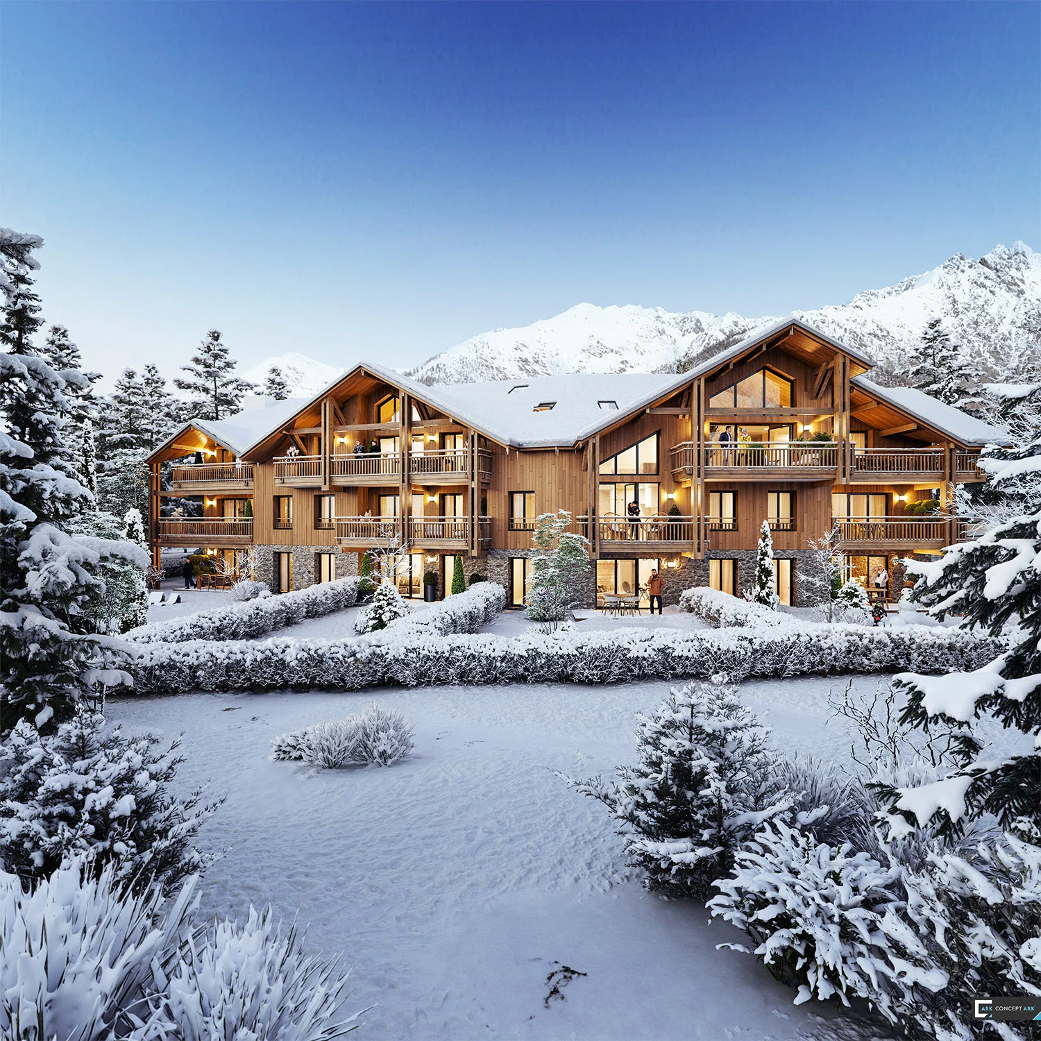 Auron : chalet éclairé au crépuscule dans un paysage alpin enneigé.