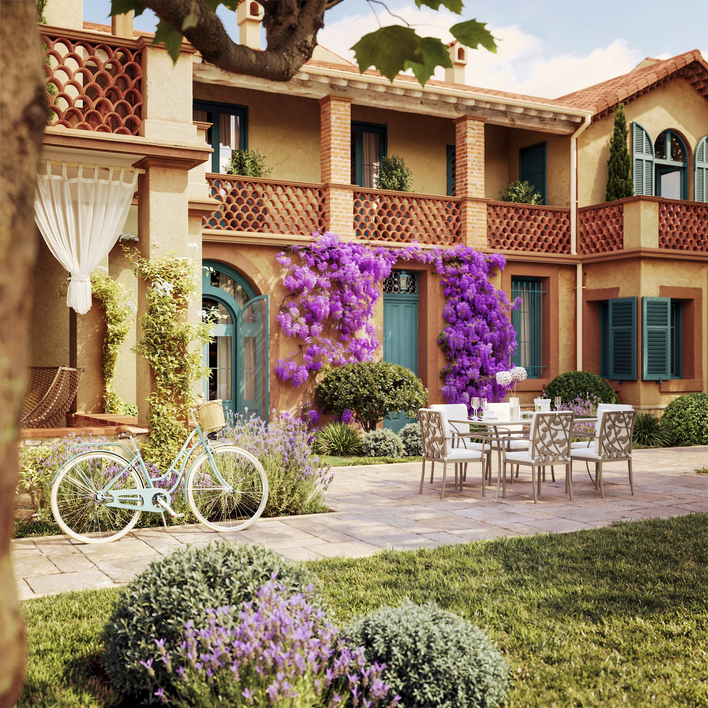 Villa Primaverina : perspective rapprochée de la façade et du jardin fleuri.